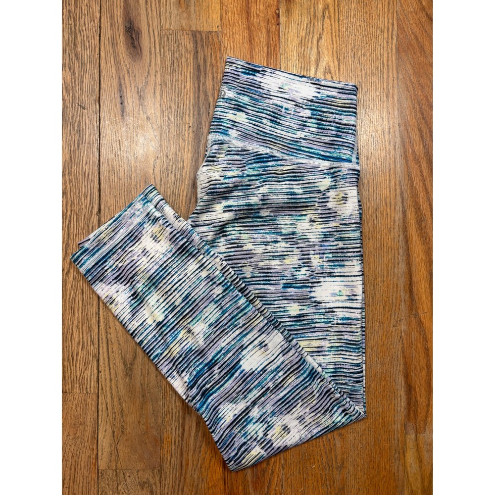 Lululemon Wunder Under High Rise Crop Cyber Stripe White Blue Leggings Size 10